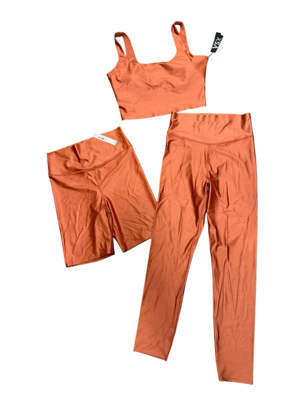 BURNT ORANGE NWT Victoria’s S VSX GlossyTech Leggings Shorts Sports Bra Set M - Picture 3 of 7